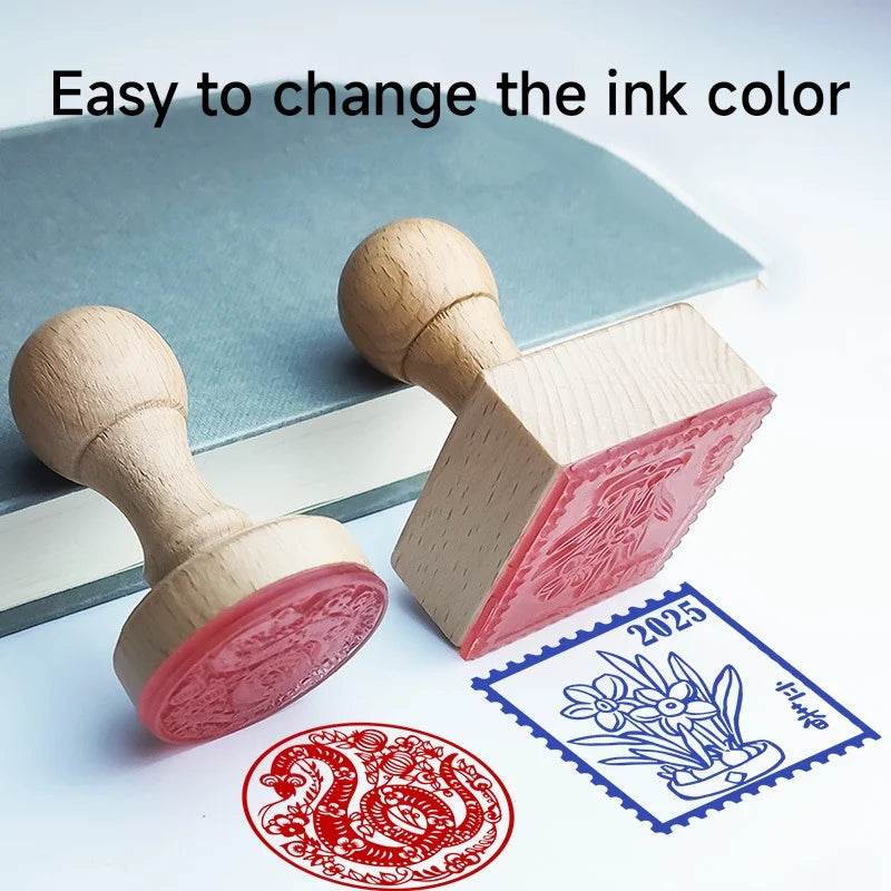 Logo Customized Wooden Ink Stamp DIY Personalized Rubber Stamp Handbook Hobby Student Stationery Scrapbooking Decoration Round