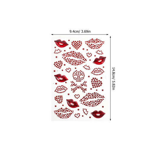 10 Sheets Romantic Red Lip Kiss Valentine's Day Stickers Rhinestone Heart Tattoo Face Nail Art Scrapbook DIY Party Supplies Love