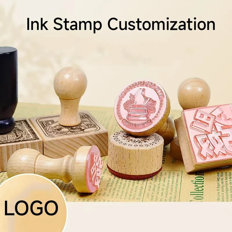 Logo Customized Wooden Ink Stamp DIY Personalized Rubber Stamp Handbook Hobby Student Stationery Scrapbooking Decoration Round
