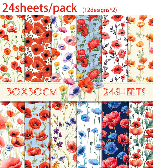 24pcs 30*30cm Poppy Red Flowers Scrapbook Craft Paper DIY Craft Art Background Paper Origami Card Making Photo Album Decoration
